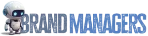 Brand Managers logo featuring a futuristic robot on the left and bold blue text.