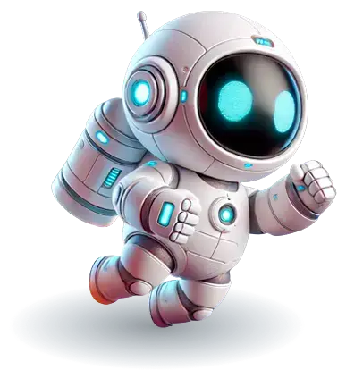 Illustration of a futuristic robot in a space suit flying through the cosmos with rocket propulsion.