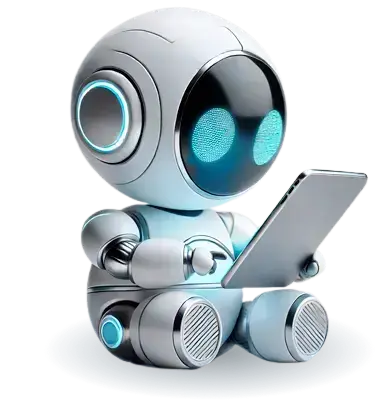 Illustration of a futuristic robot holding a tablet, featuring a modern design with glowing blue details.