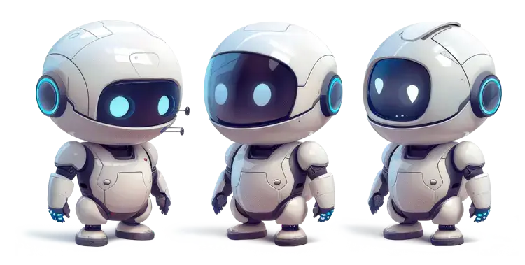 Illustration of three futuristic robots standing side by side, symbolizing teamwork and innovation.